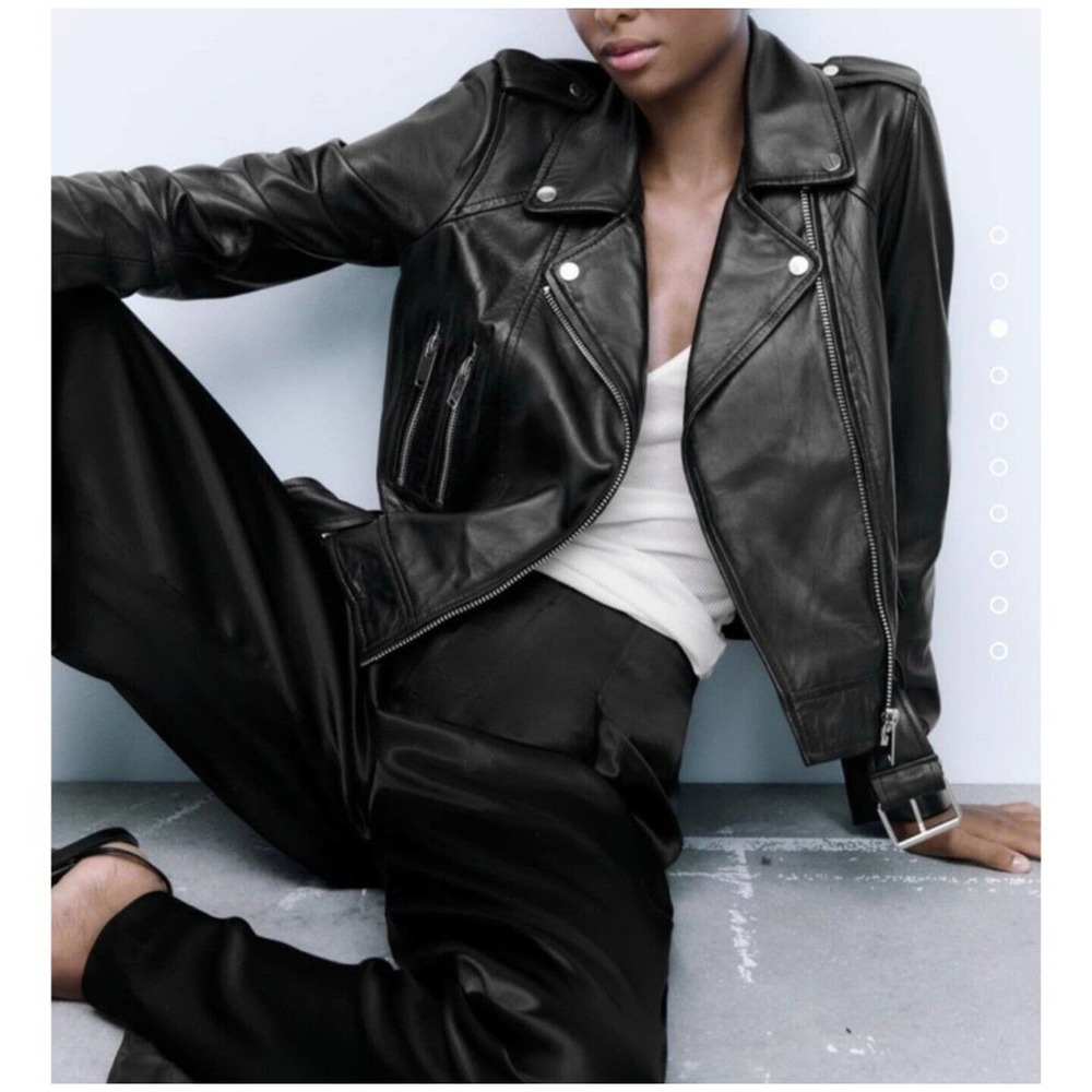 Zara Genuine Sheep Leather Motorcycle Black Moto Biker Asymmetric like new